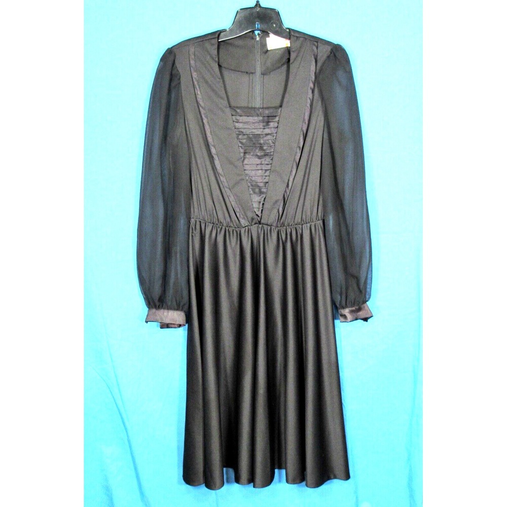 VTG AMY DEB Black Blouson Dress SOFT KNIT w/CHIFFON SLVS Pleated Satin Yoke 12